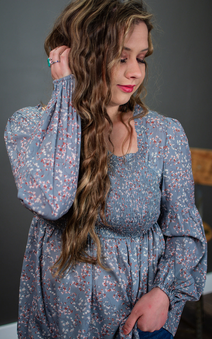 Sage Smocked Floral Blouse