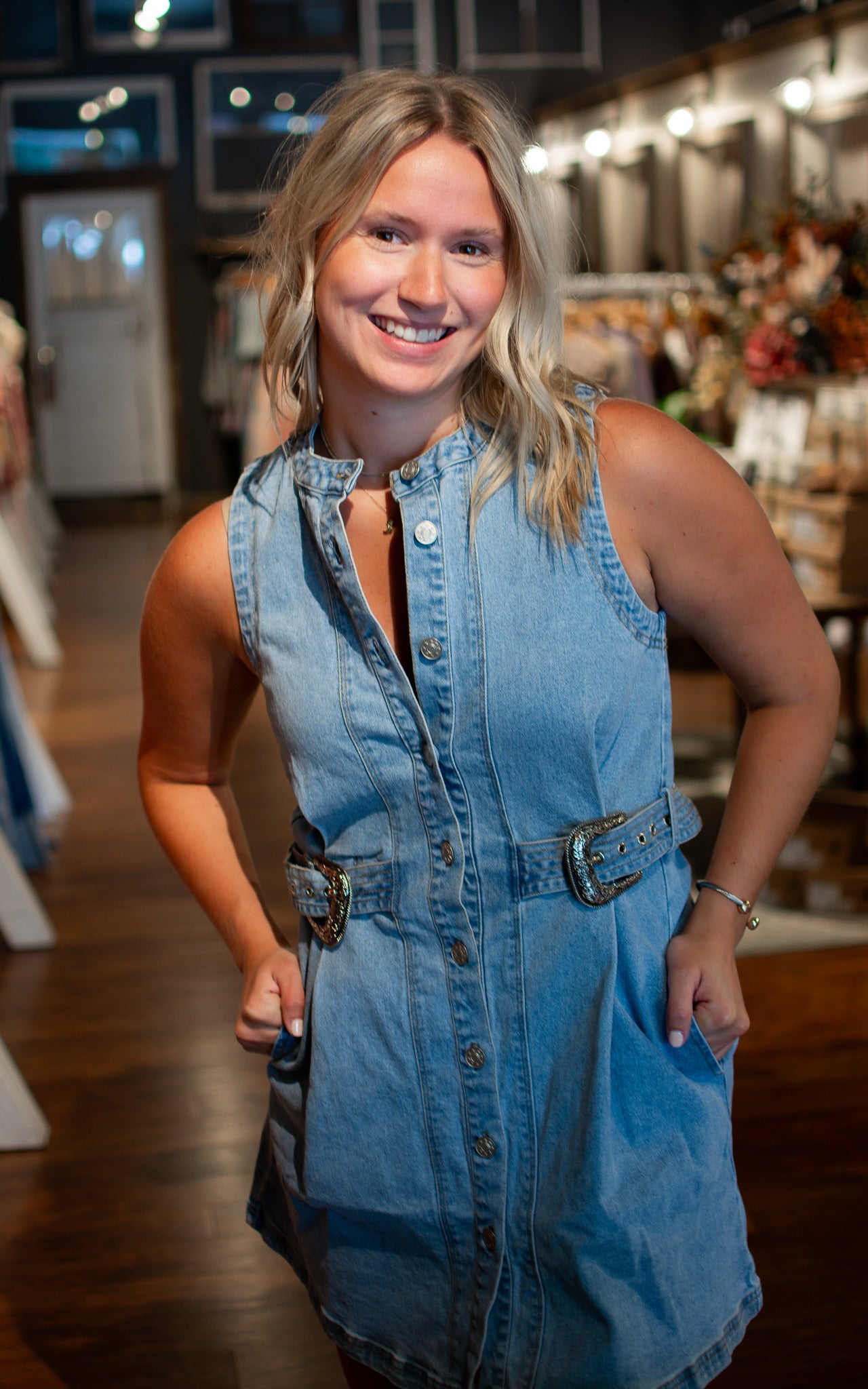 denim dress with buckle Stampede Buckle Dress-Denim