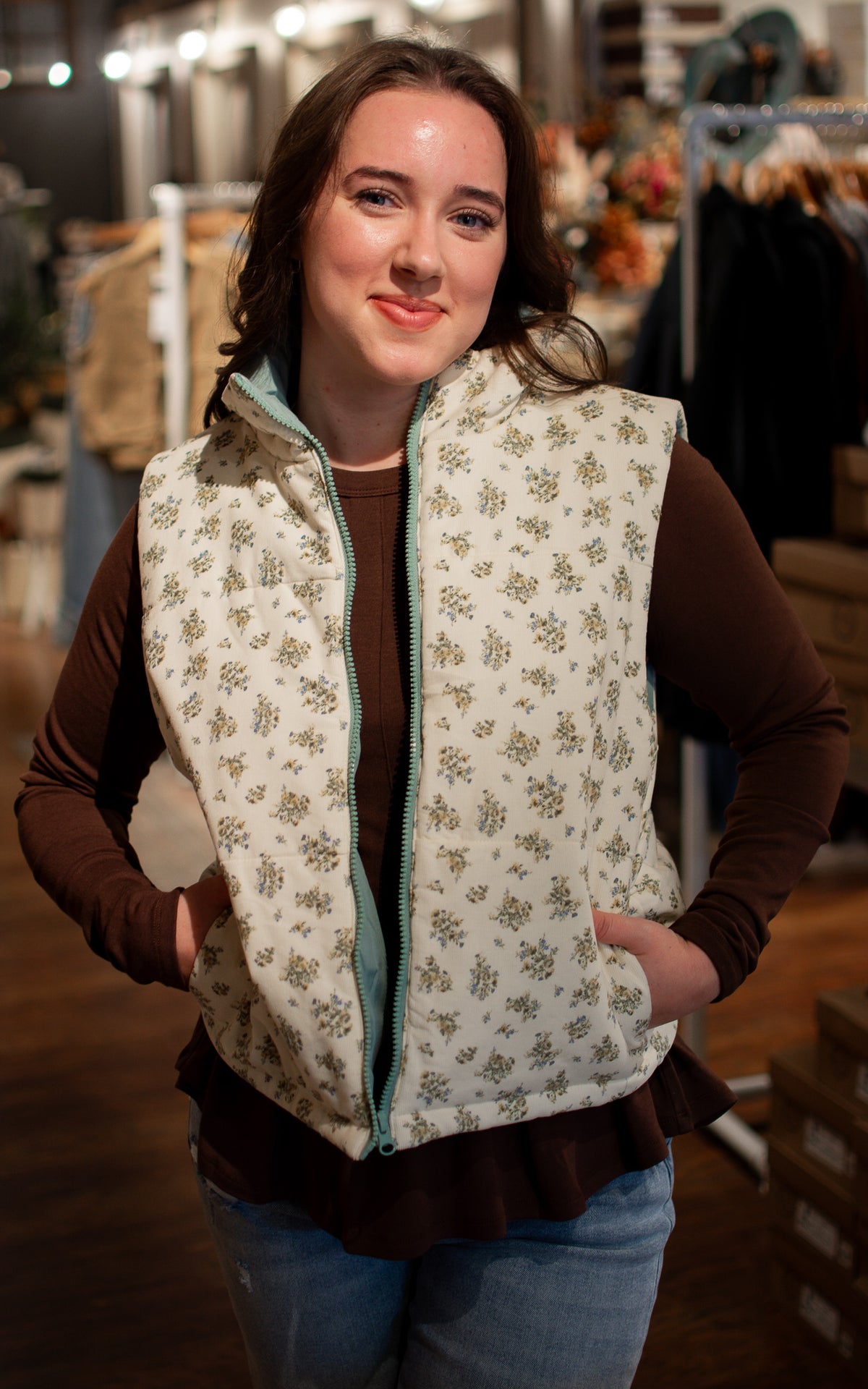 True Blue Floral Puffer Vest
