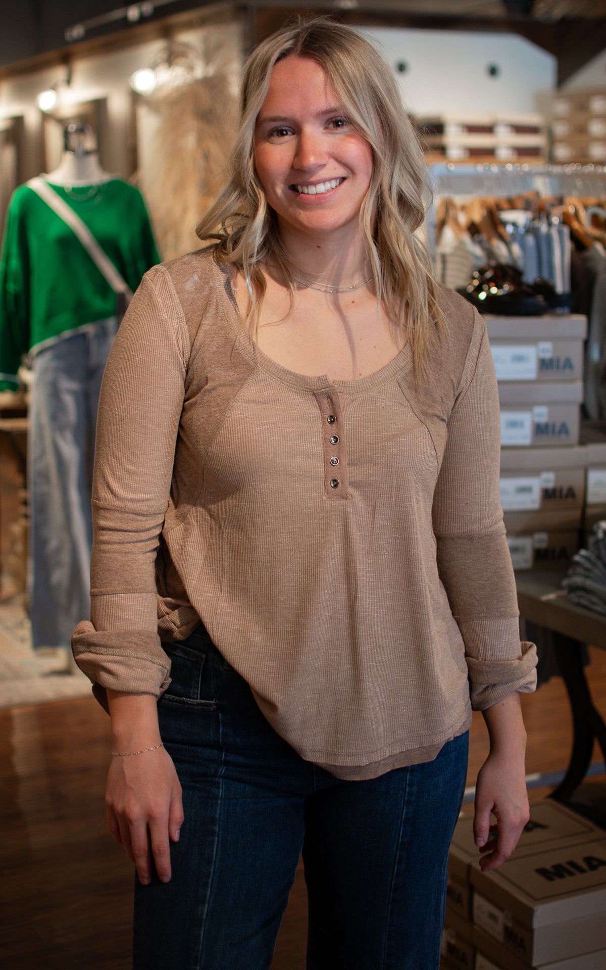 Almond Flowy Long Sleeve Top