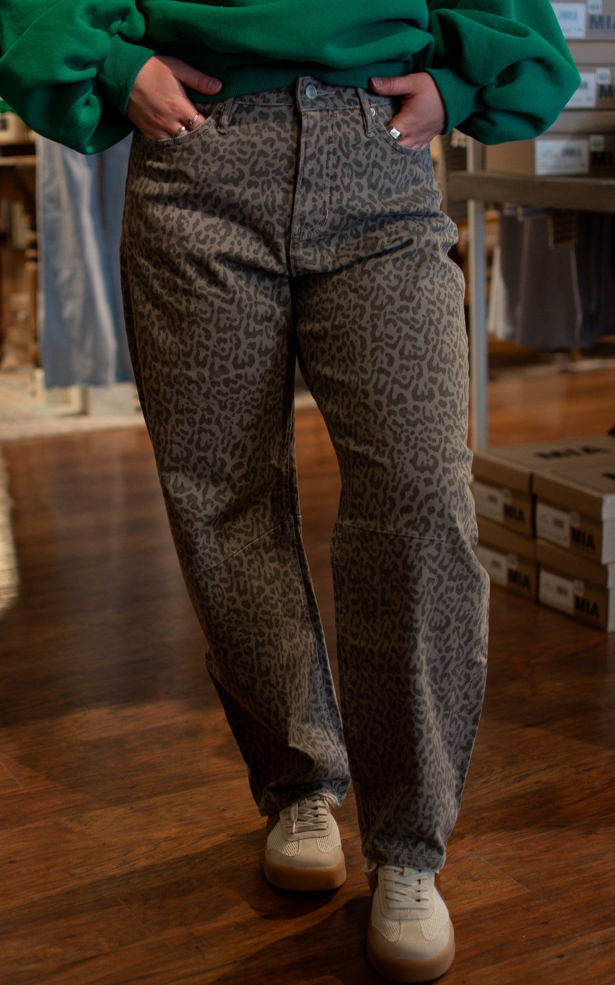 Brenna's Leopard Barrel Leg Mica Jeans